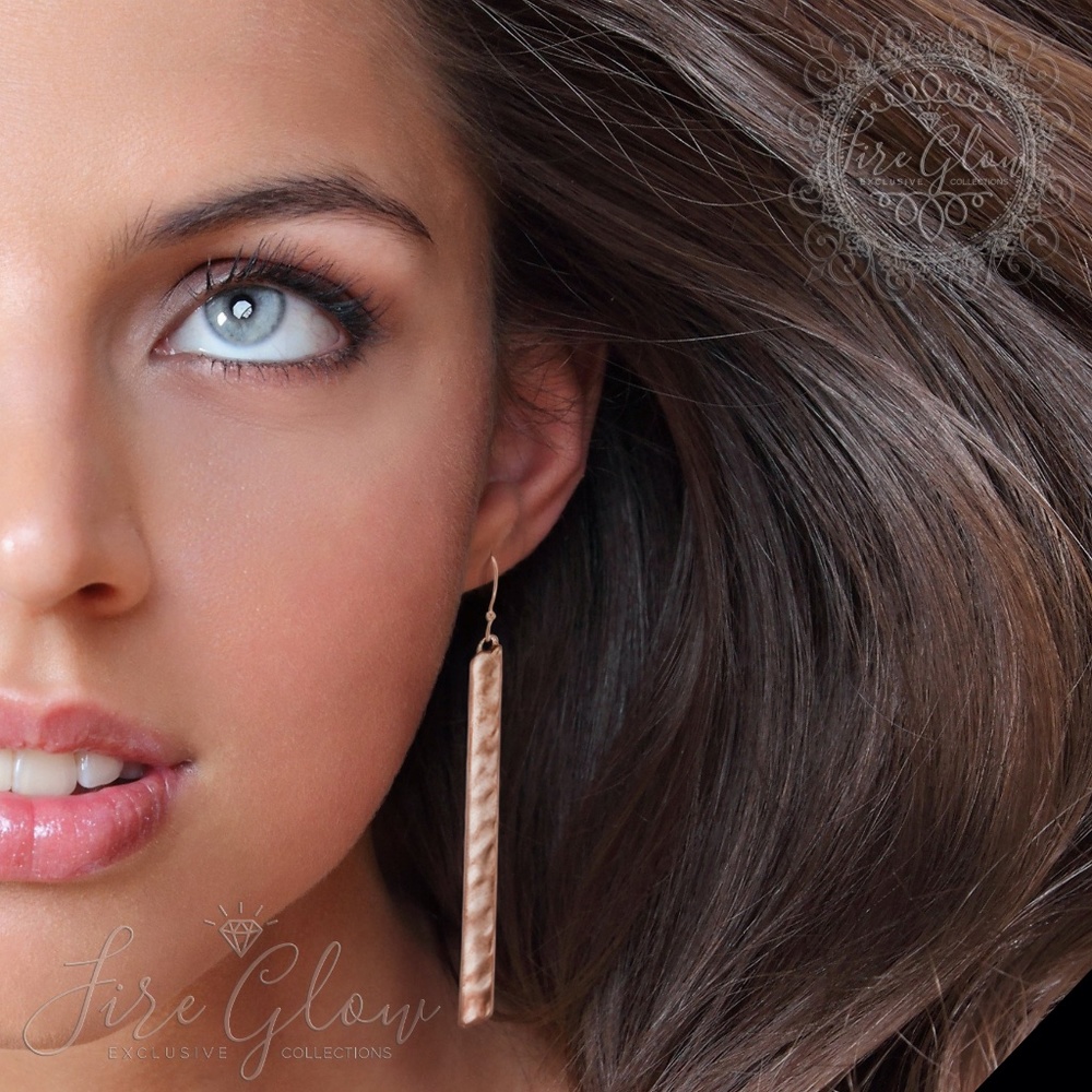 Rose Gold Tone Long Bar Hammered Metal Earrings